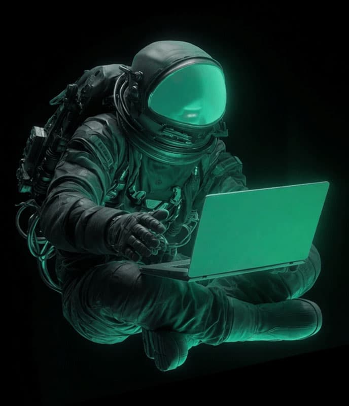 Astronaut sitting cross-legged with a laptop, lit by teal glow